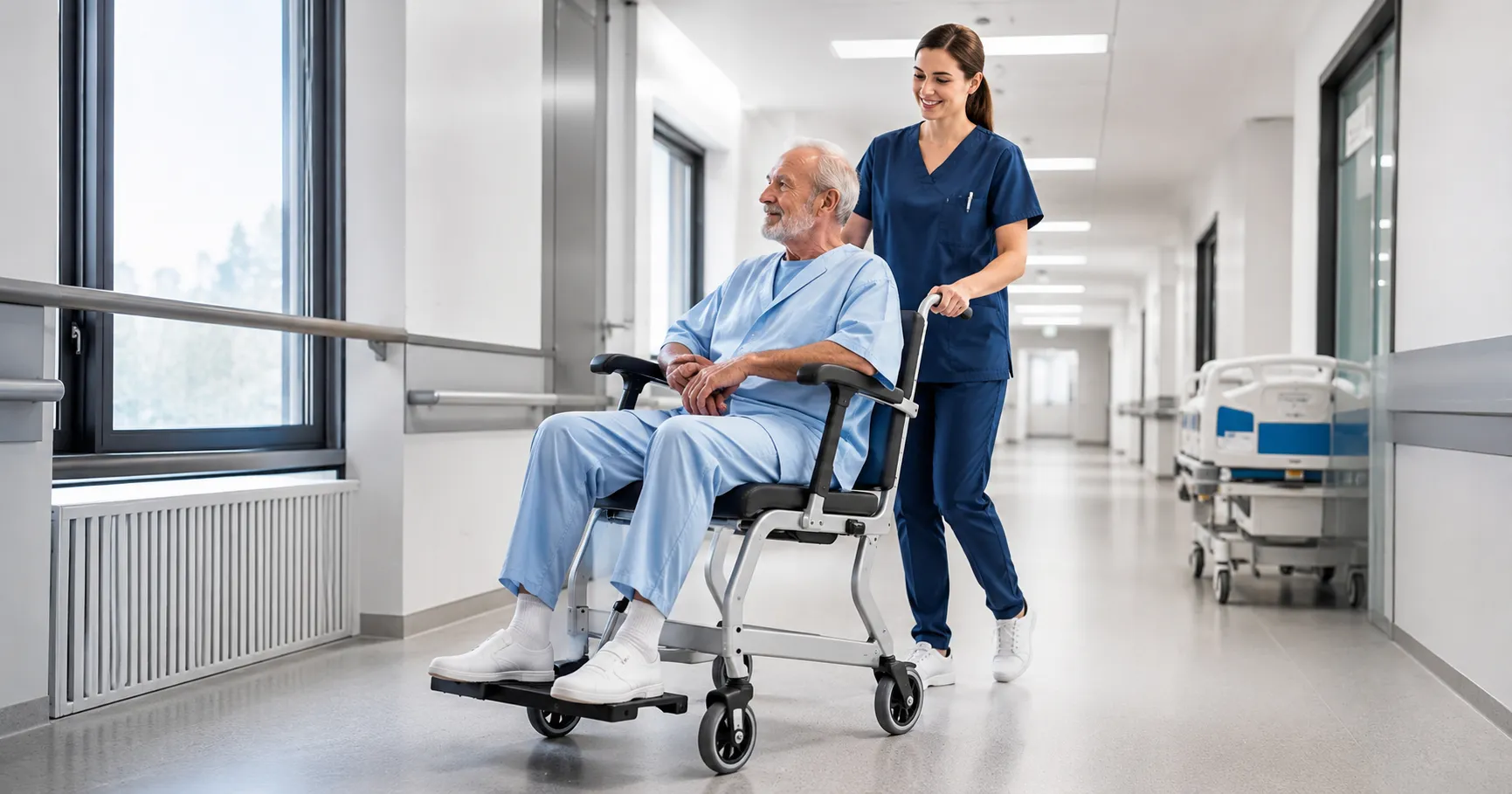 Patient transfer chair used for safe and ergonomic movement of hospital patients in wards, ICUs, and